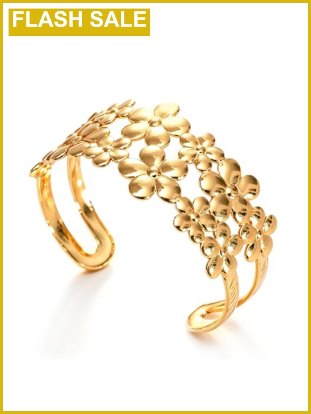 Gold Tone Floral Open Cuff Bracelet Adjustable Stainless Steel Bangle